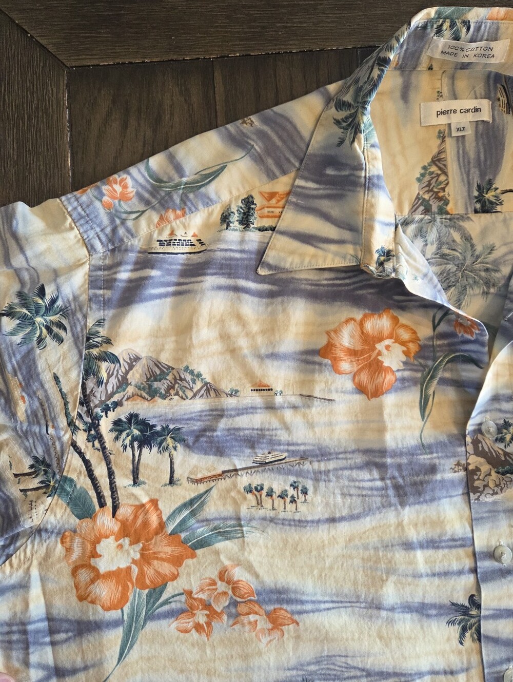 Pierre Cardin Cream and Orange Floral Tropical Button-Down Shirt